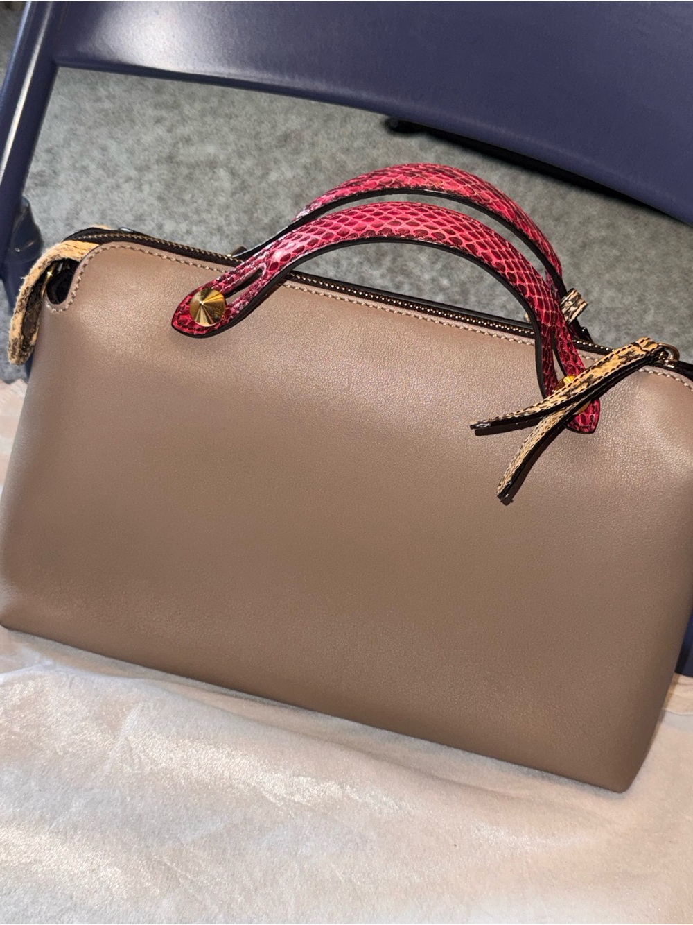 Fendi Taupe BY THE WAY BAG with Pink PYTHON Handles and Beige PYTHON Clochette - Picture 2 of 10